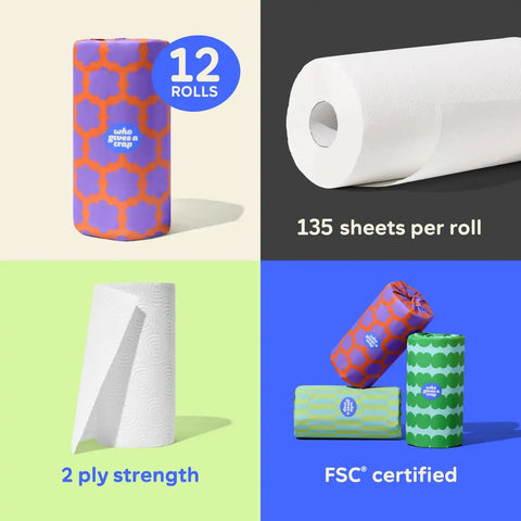 Who Gives A Crap Toilet Paper and Paper Towels Bundle, 48 Bamboo Toilet Paper Rolls & 12 Recycled Paper Towel Rolls, Eco Friendly, Sustainable, Plastic Free Household Essentials