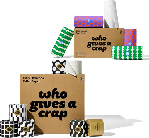 Who Gives A Crap Toilet Paper and Paper Towels Bundle, 48 Bamboo Toilet Paper Rolls & 12 Recycled Paper Towel Rolls, Eco Friendly, Sustainable, Plastic Free Household Essentials